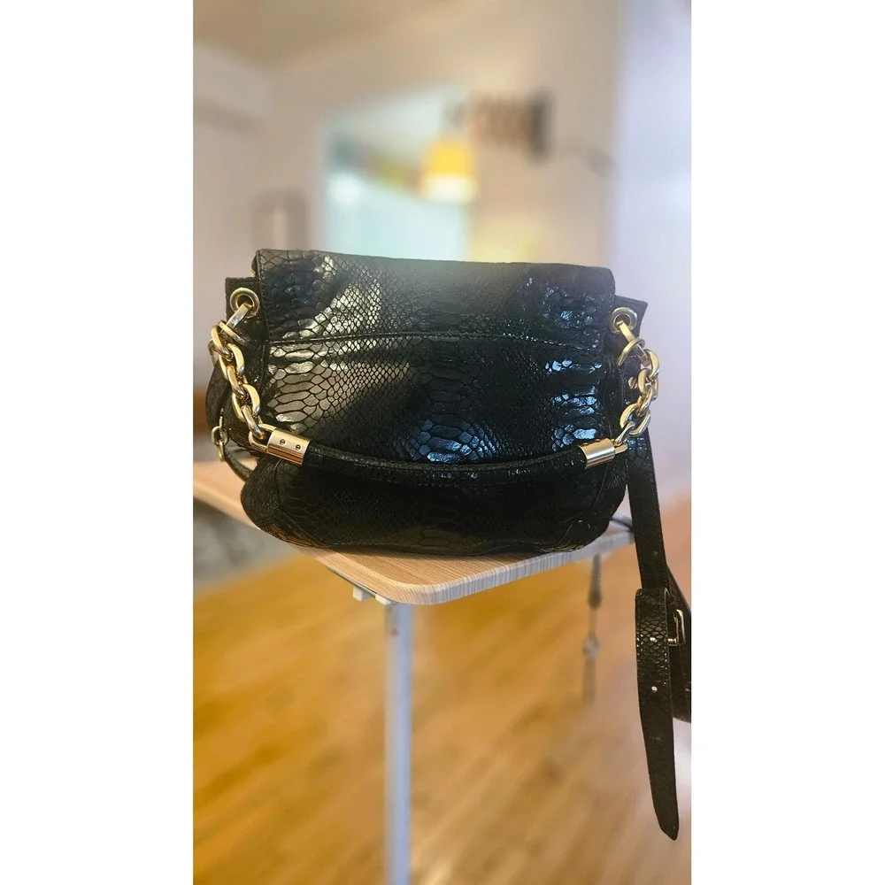 Michael Kors Bedford Black Snake Embossed Leather Crossbody Bag Gold Hardware